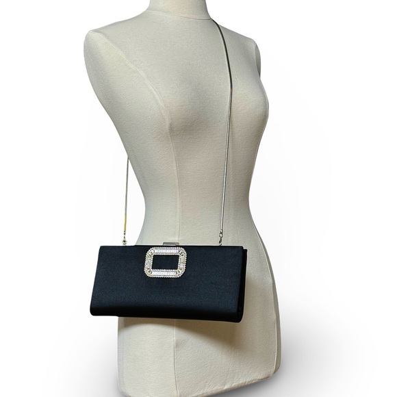 Black Satin Crystal Clutch with Metal Strap - Picture 6 of 9